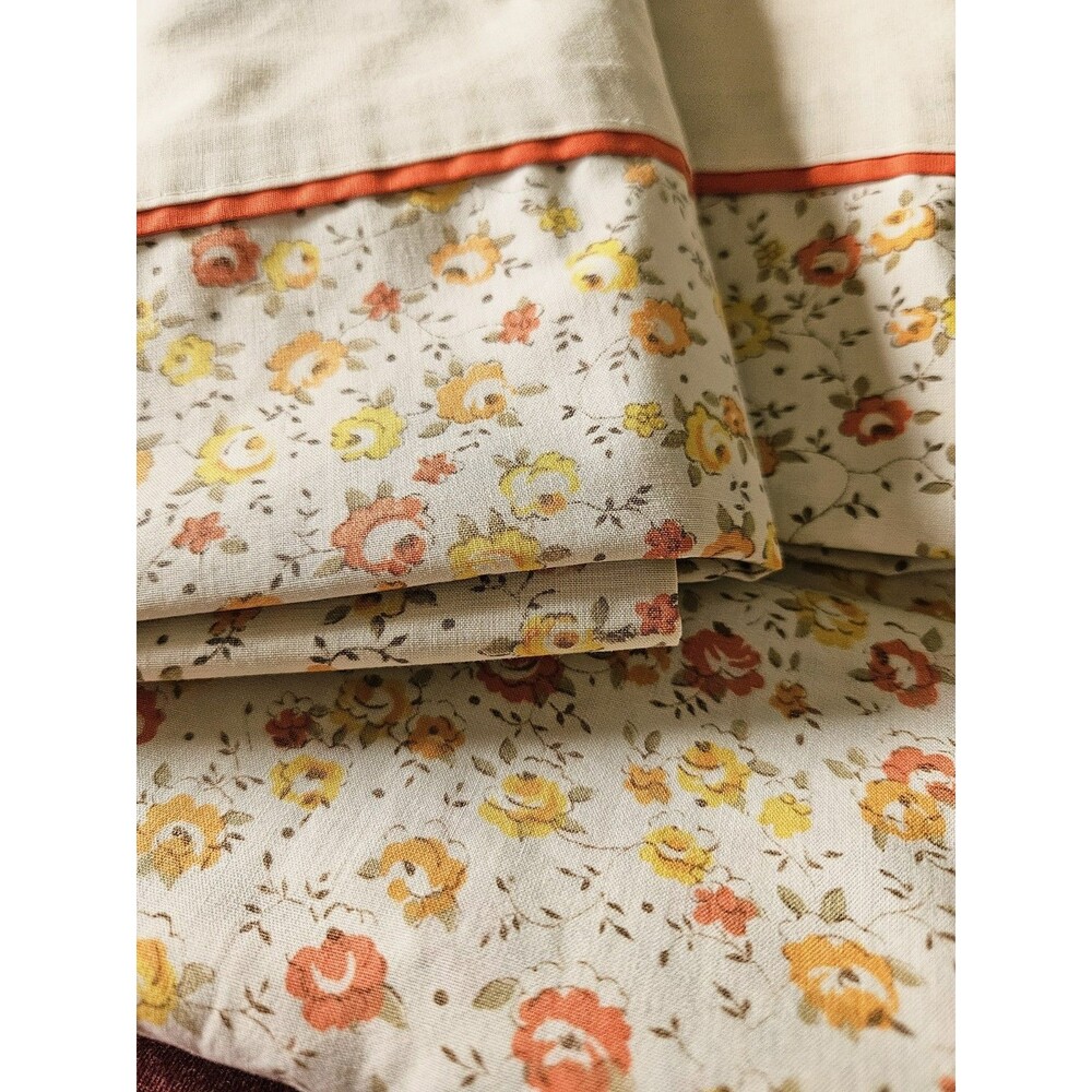 Vintage MCM Springmaid Double Flat Sheet 2 Pillowcases Floral Orange Yellow